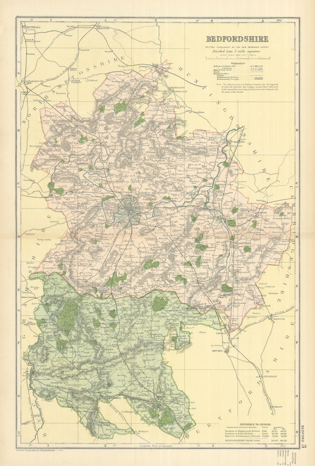 BEDFORDSHIRE antique county map by GW BACON 1898 old plan chart